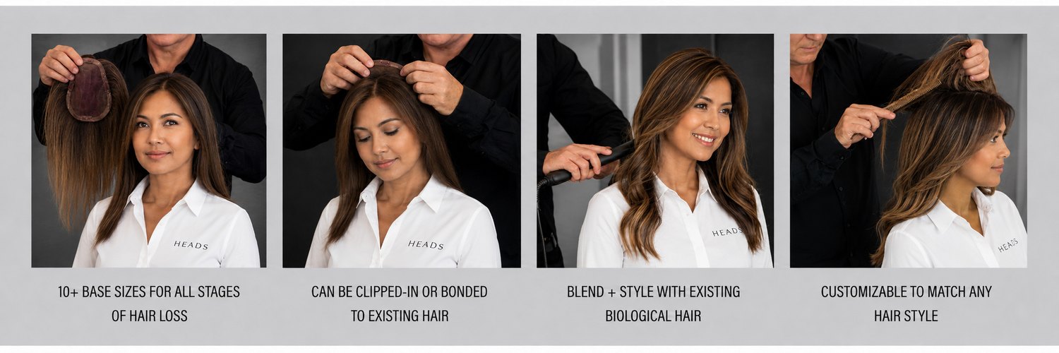 HEADS topper: 10+ base sizes for all stages of hair loss, clipped-in or bonded, blends and styles with your own hair, customizable to any style
